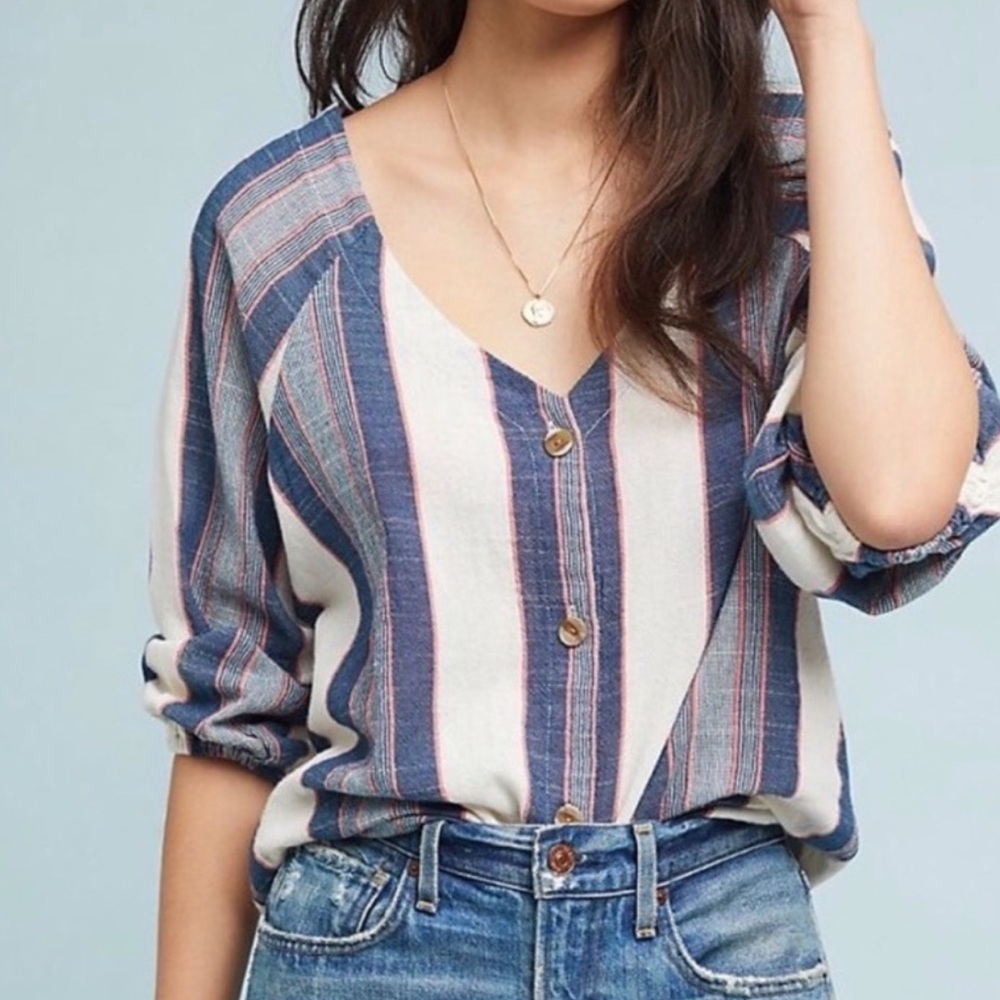 Cloth & Stone Women’s Striped 3/4 Sleeve V-Neck Button Front Blouse Sz M